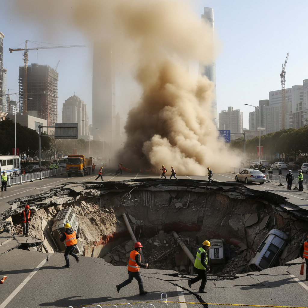 Impactante Socavón en Shanghái: Colapso Vial en Plenas Obras de Metro
