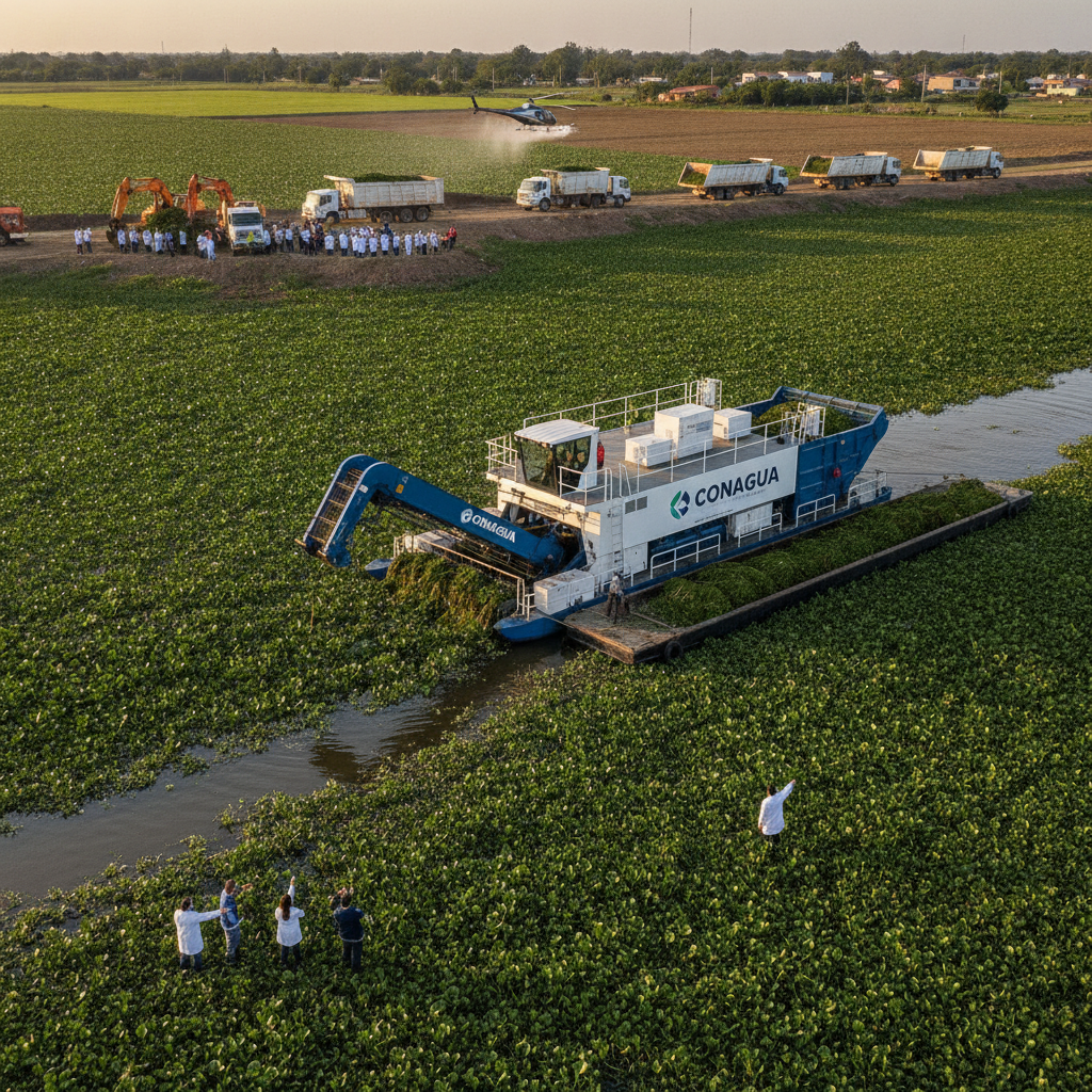 Conagua Anuncia Solución a Gran Escala para el Lirio Acuático en Presa Endhó con Barco Especializado