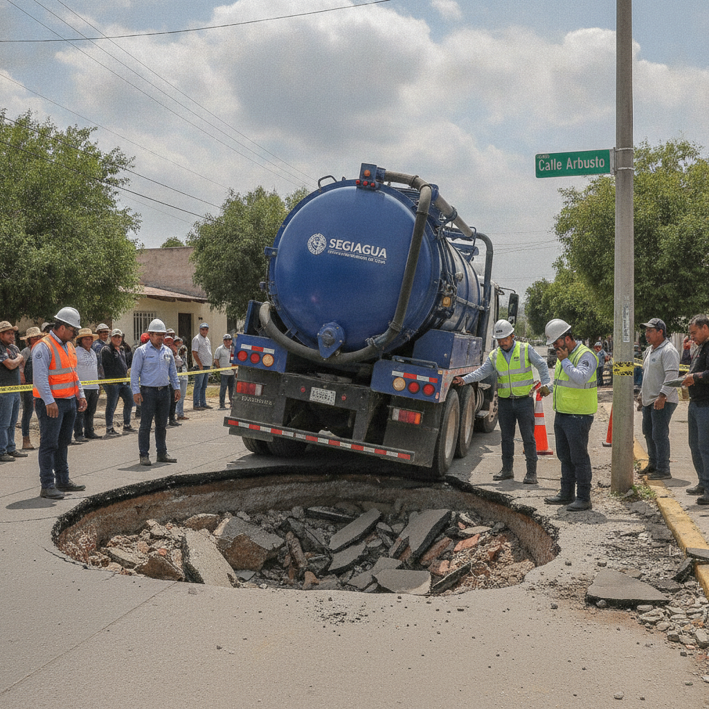 Alerta en Tlalpan: Camión Vactor de SEGIAGUA Atrapado en Socavón en Calle Arbusto